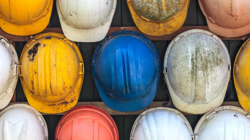 Imagen superior de diferentes tipos de cascos de protección para el ámbito de la construcción de diferentes colores